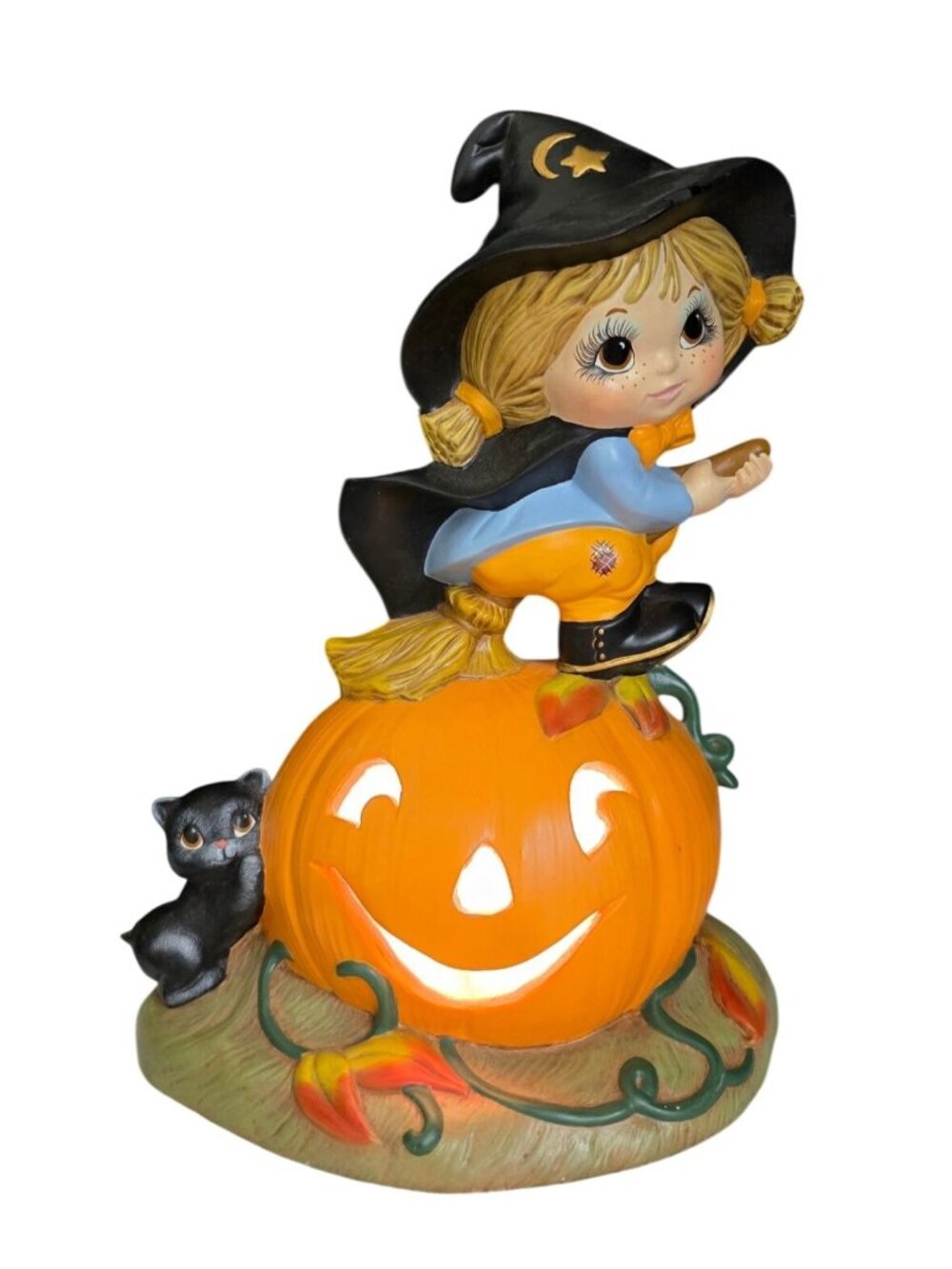 Vintage Hand Painted Halloween Witch Black Cat Jack-O-Lantern Light Up Decor
